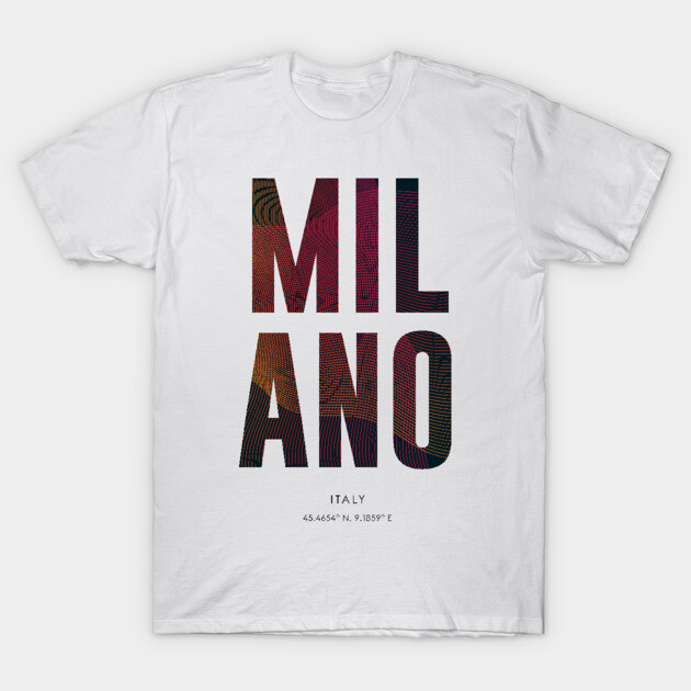 White Milano graphic T-shirt, cotton material, casual style, unisex design, featuring bold text and coordinates.