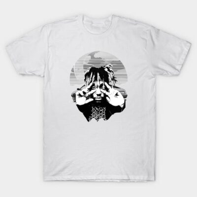 White graphic tee with monochrome design, featuring abstract art, casual cotton fabric, ideal for everyday wear.