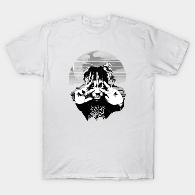 White graphic tee with monochrome design, featuring abstract art, casual cotton fabric, ideal for everyday wear.