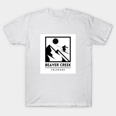 White t-shirt with black "Beaver Creek Colorado" ski graphic, perfect for casual wear. Cotton material, unisex design.