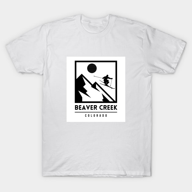 White t-shirt with black "Beaver Creek Colorado" ski graphic, perfect for casual wear. Cotton material, unisex design.