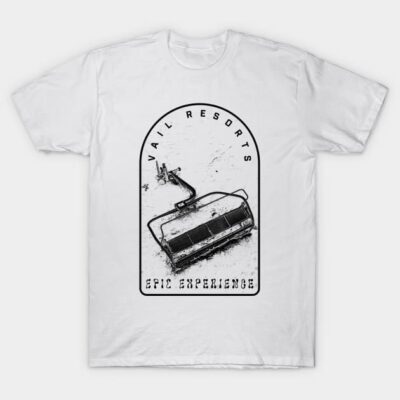 White graphic t-shirt featuring Vail Resorts text and ski lift design, ideal for casual wear and winter sports enthusiasts.