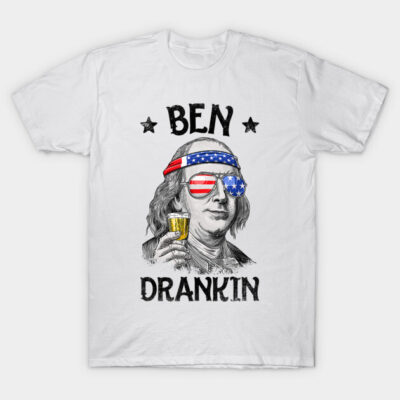 White t-shirt with "Ben Drankin" graphic, featuring a historical figure wearing patriotic sunglasses and holding a drink.
