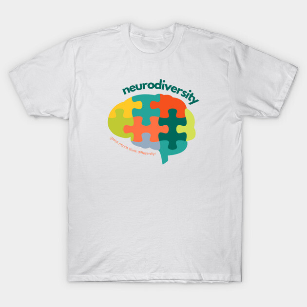 White t-shirt with colorful puzzle brain design, promoting neurodiversity awareness. Cotton material, casual style.