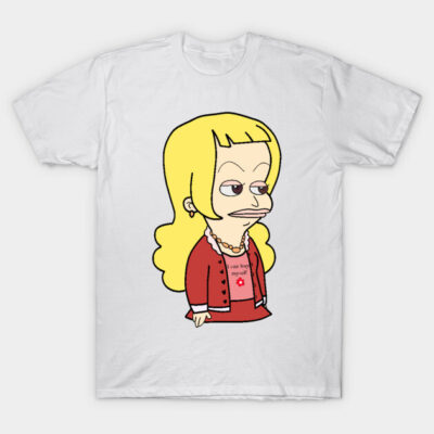 White cotton T-shirt featuring a cartoon character with blonde hair and red outfit, perfect for casual wear.