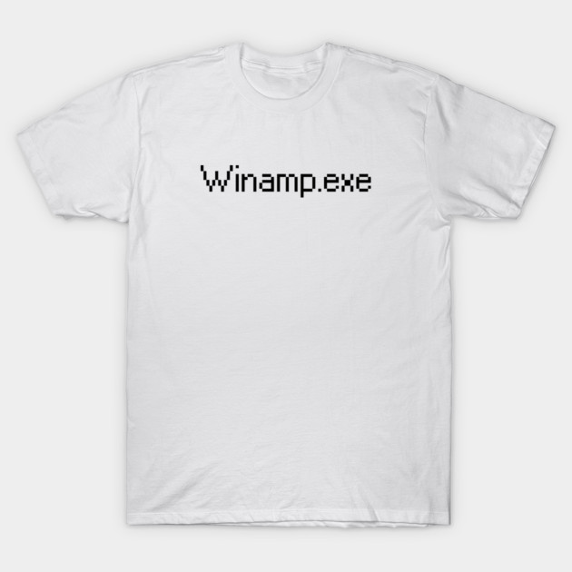 White cotton t-shirt with "Winamp.exe" text in black, pixelated font. Casual style, ideal for everyday wear.