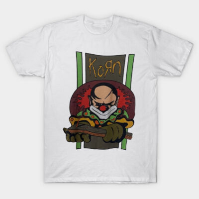 White graphic T-shirt featuring colorful clown design with text, casual style, ideal for everyday wear and self-expression.
