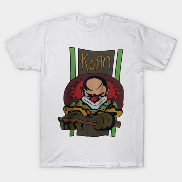 White graphic T-shirt featuring colorful clown design with text, casual style, ideal for everyday wear and self-expression.
