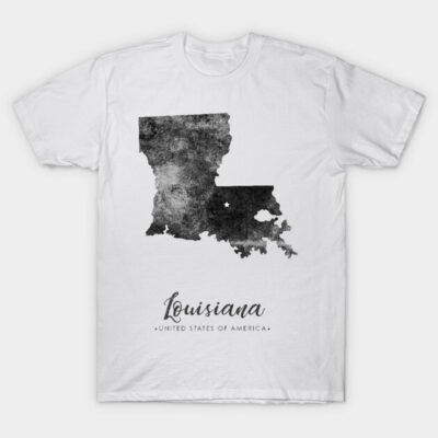 White T-shirt featuring black Louisiana map design, casual style, 100% cotton, unisex, comfortable for everyday wear.