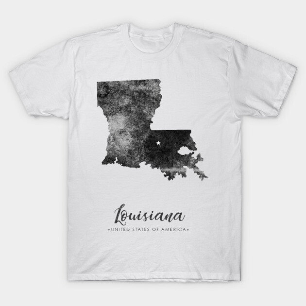 White T-shirt featuring black Louisiana map design, casual style, 100% cotton, unisex, comfortable for everyday wear.