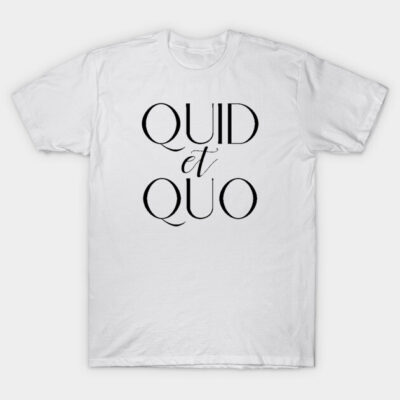White cotton t-shirt with "Quid et Quo" text, casual style, perfect for everyday wear.
