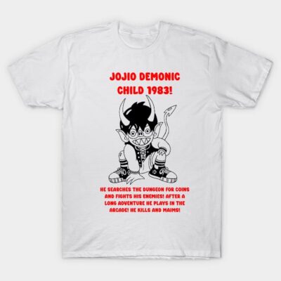 White graphic T-shirt with cartoon demon design and red text, casual style, cotton material, perfect for everyday wear.