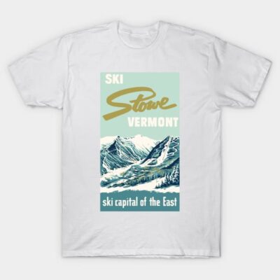 White t-shirt with retro "Ski Stowe Vermont" graphic, featuring snowy mountains. Casual winter wear, 100% cotton.