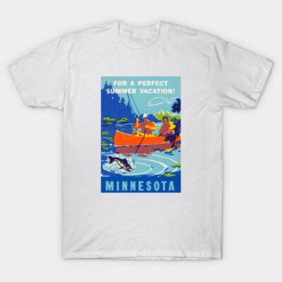 White t-shirt with vintage Minnesota lake vacation design, featuring a red canoe and blue text. Perfect for summer outings.