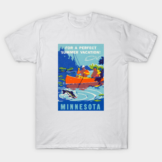 White t-shirt with vintage Minnesota lake vacation design, featuring a red canoe and blue text. Perfect for summer outings.