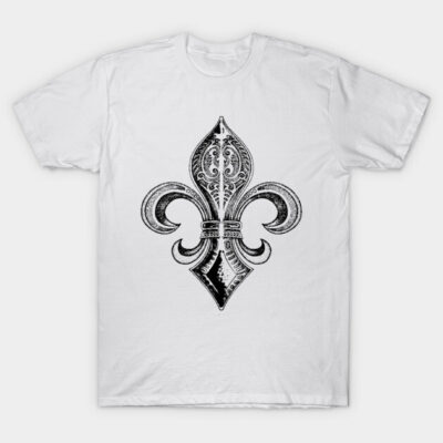 White T-shirt with black fleur-de-lis design, casual style, 100% cotton, unisex, perfect for everyday wear.