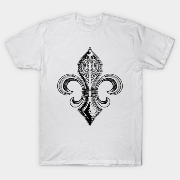 White T-shirt with black fleur-de-lis design, casual style, 100% cotton, unisex, perfect for everyday wear.