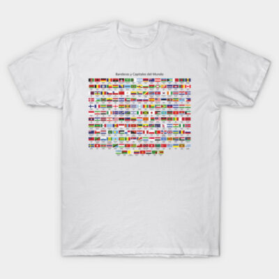 White t-shirt with colorful world flags print, cotton material, casual style, ideal for global culture enthusiasts.