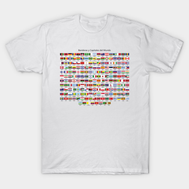 White t-shirt with colorful world flags print, cotton material, casual style, ideal for global culture enthusiasts.
