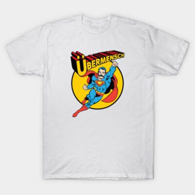White cotton t-shirt with colorful superhero print, featuring bold text "Übermensch," ideal for casual wear.