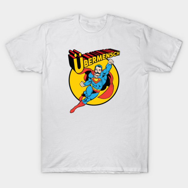 White cotton t-shirt with colorful superhero print, featuring bold text "Übermensch," ideal for casual wear.