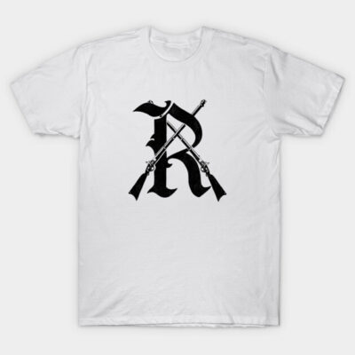 White t-shirt with black Gothic letter and crossed rifles design, casual wear, cotton fabric, unisex style.
