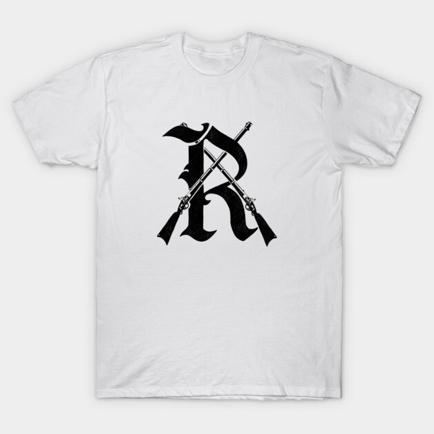 White t-shirt with black Gothic letter and crossed rifles design, casual wear, cotton fabric, unisex style.