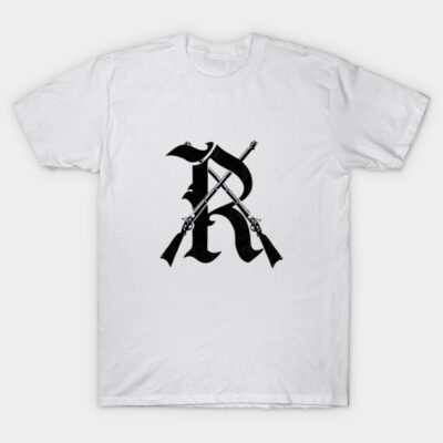 White T-shirt with black letter R and crossed rifles graphic, casual style, 100% cotton, unisex.