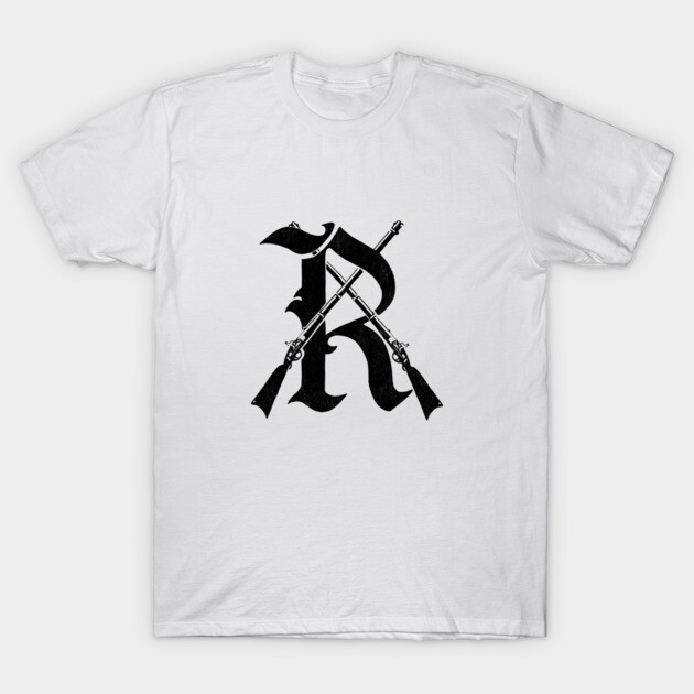 White T-shirt with black letter R and crossed rifles graphic, casual style, 100% cotton, unisex.