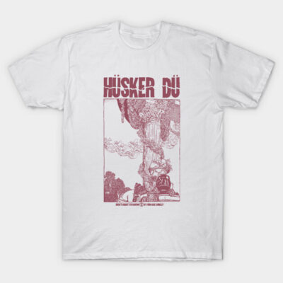 White graphic T-shirt featuring retro-style design in red, ideal for casual wear and made from soft cotton material.