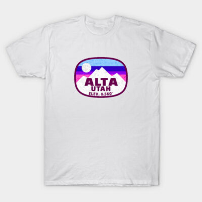 White t-shirt with colorful mountain graphic and "Alta Utah" text, casual style, ideal for outdoor enthusiasts.