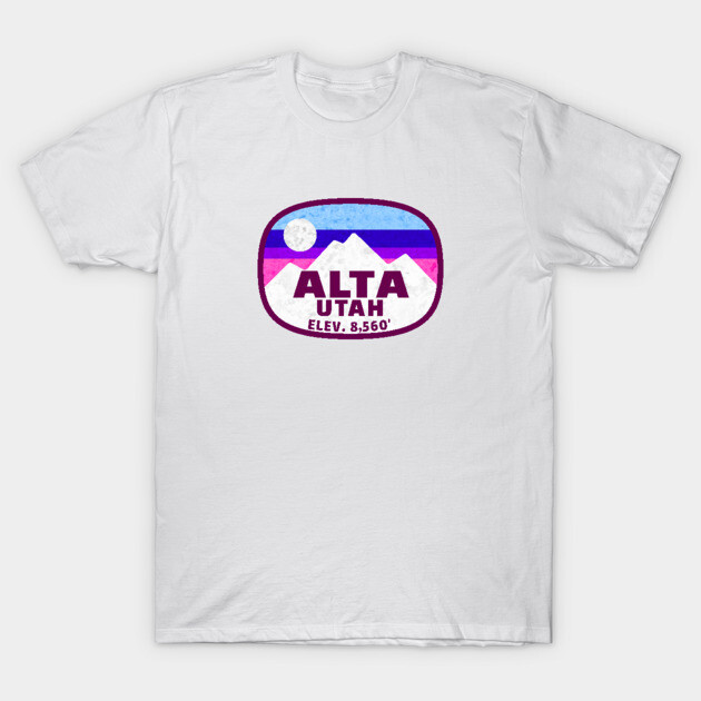 White t-shirt with colorful mountain graphic and "Alta Utah" text, casual style, ideal for outdoor enthusiasts.