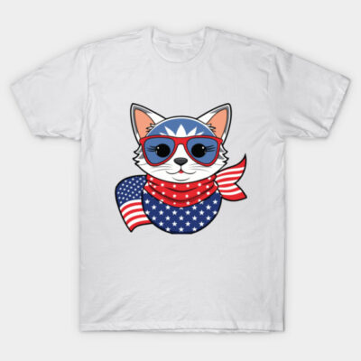 White T-shirt featuring a cute cat in sunglasses with an American flag design, perfect for casual occasions.