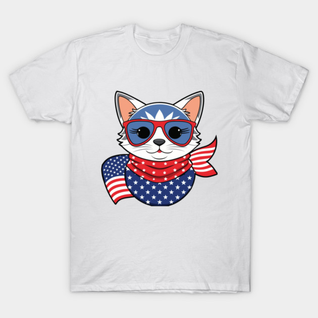 White T-shirt featuring a cute cat in sunglasses with an American flag design, perfect for casual occasions.