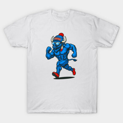 White t-shirt with a blue buffalo character in red sneakers, running design. Casual wear, cotton fabric, unisex style.