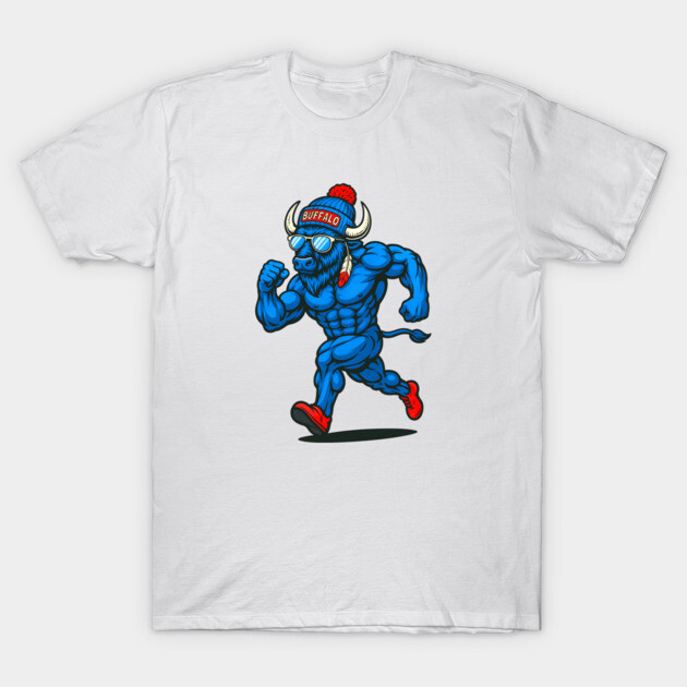 White t-shirt with a blue buffalo character in red sneakers, running design. Casual wear, cotton fabric, unisex style.