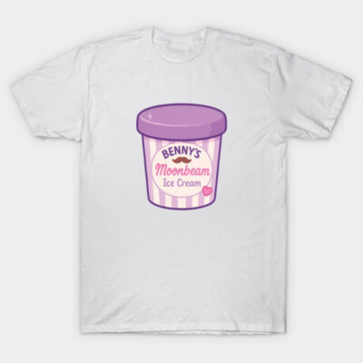 White t-shirt featuring a purple ice cream tub graphic with playful text, ideal for casual wear.
