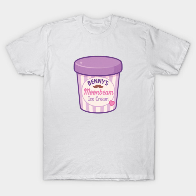 White t-shirt featuring a purple ice cream tub graphic with playful text, ideal for casual wear.