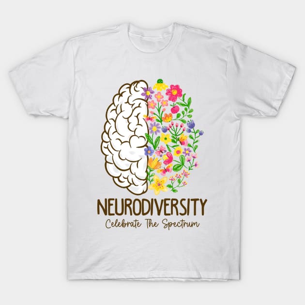 White t-shirt with colorful brain and floral design, featuring "Neurodiversity" text. Cotton material, casual wear.