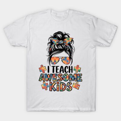 White t-shirt with colorful "I Teach Awesome Kids" graphic, puzzle pieces, and retro style, perfect for teachers.