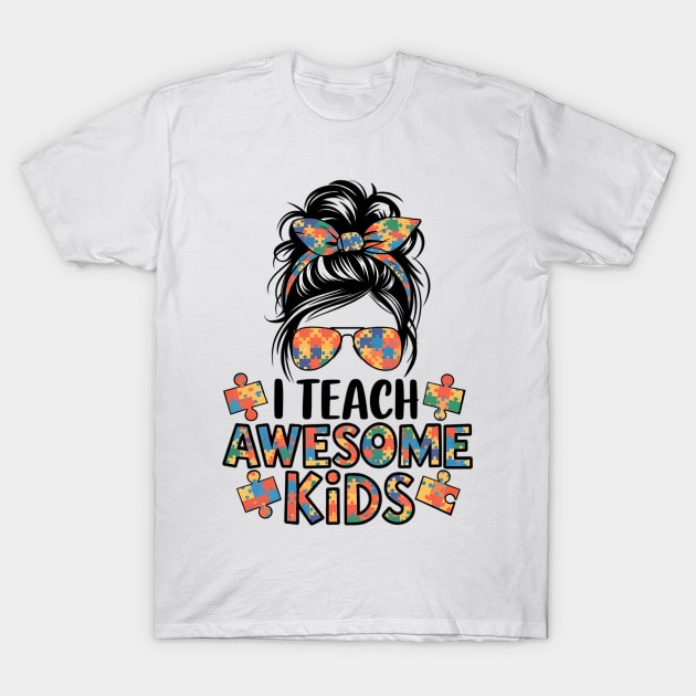 White t-shirt with colorful "I Teach Awesome Kids" graphic, puzzle pieces, and retro style, perfect for teachers.