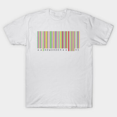 White cotton t-shirt with colorful barcode design, casual wear, unisex, comfortable fit, perfect for everyday style.