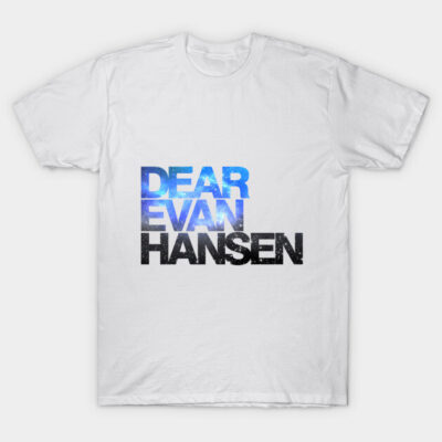 White graphic t-shirt with bold blue and black text design, casual style, perfect for everyday wear.