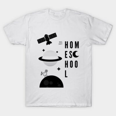 White "Galaxy Homeschool" t-shirt with black space-themed design, featuring planets and telescope graphics.
