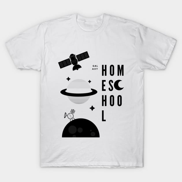 White "Galaxy Homeschool" t-shirt with black space-themed design, featuring planets and telescope graphics.