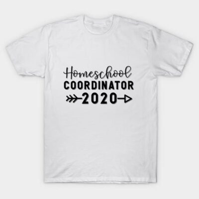 White "Homeschool Coordinator 2020" T-shirt, black text design, casual wear, 100% cotton, unisex style.