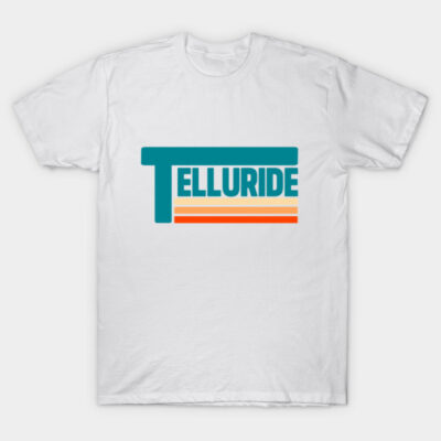 White Telluride T-shirt with teal and orange retro design, casual style, 100% cotton, unisex, perfect for everyday wear.