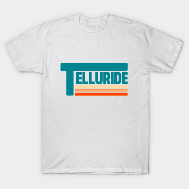 White Telluride T-shirt with teal and orange retro design, casual style, 100% cotton, unisex, perfect for everyday wear.