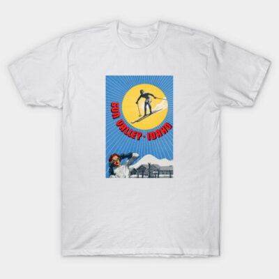 White t-shirt featuring a colorful retro ski design with "Sun Valley Idaho" text, perfect for casual wear or gifting.