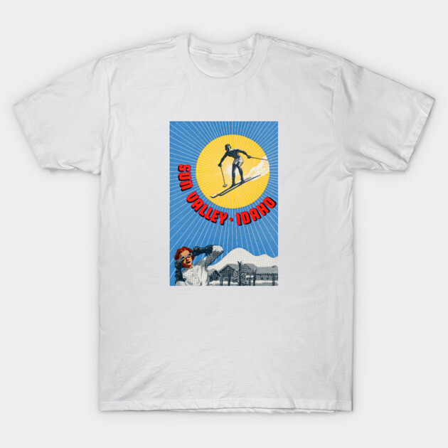 White t-shirt featuring a colorful retro ski design with "Sun Valley Idaho" text, perfect for casual wear or gifting.